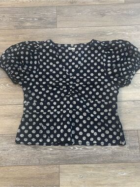 Matta Alice Ambu Top Sz XL Black Batik Polka Dot Puff Sleeve Boho Chic Office